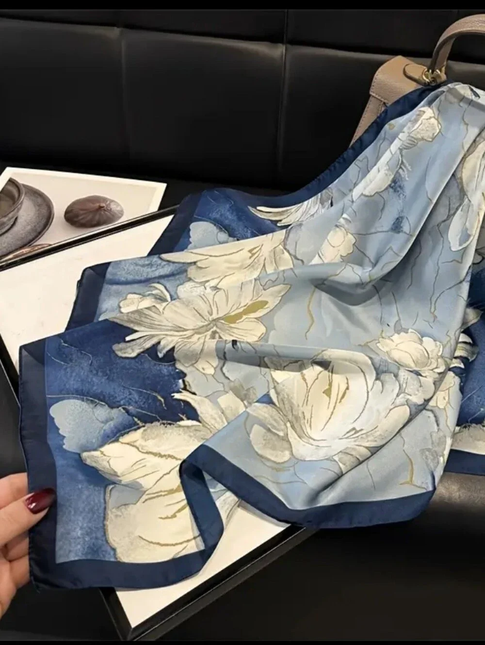 Floral Blue Silk-Feel Scarf - Navy & Light Blue
